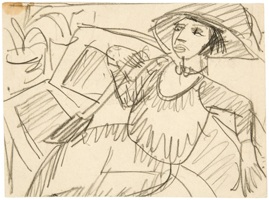 Vrouw met grote hoed in een tuincafé, 1912-1914